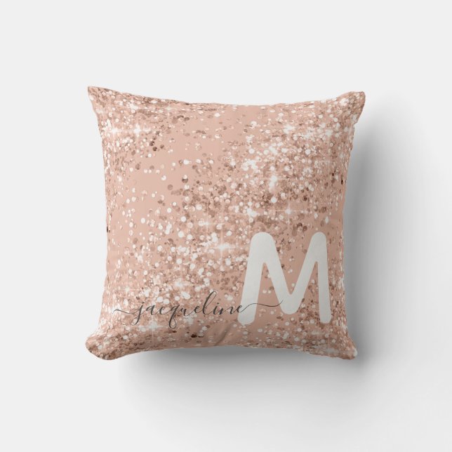 Girly Rose Gold Glitter Blush Monogram  Cushion (Front)
