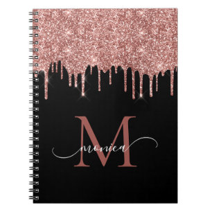 Girly Rose Gold Glitter Blush Monogram Name Black Notebook