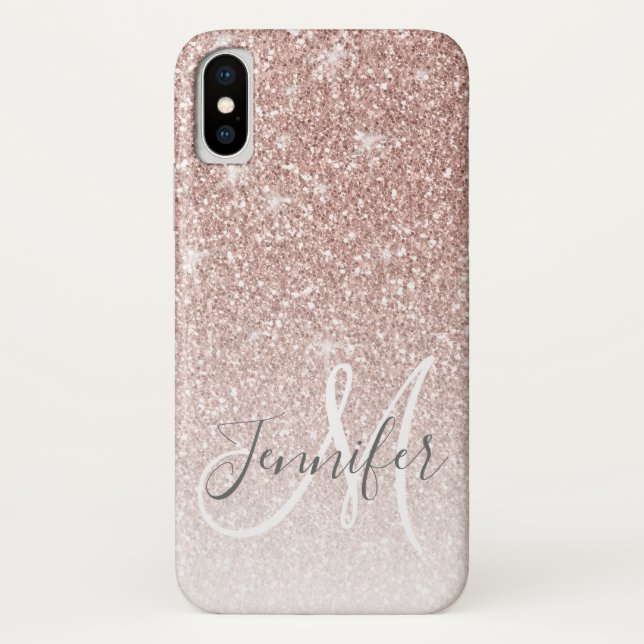 Girly Rose Gold Glitter Blush Monogram Name Case-Mate iPhone Case (Back)