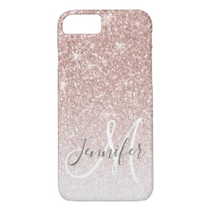 Girly Rose Gold Glitter Blush Monogram Name iPhone 8/7 Case