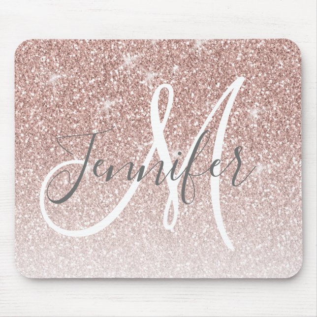 Girly Rose Gold Glitter Blush Monogram Name Mouse Pad (Front)