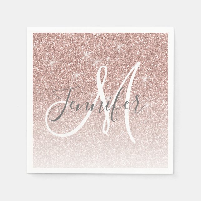 Girly Rose Gold Glitter Blush Monogram Name Napkin (Front)