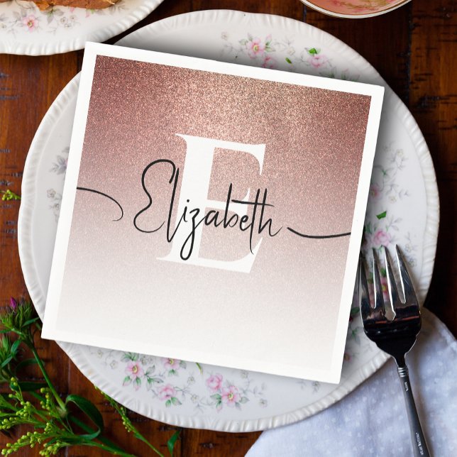 Girly Rose Gold Glitter Blush Monogram Script Name Napkin (Creator Uploaded)