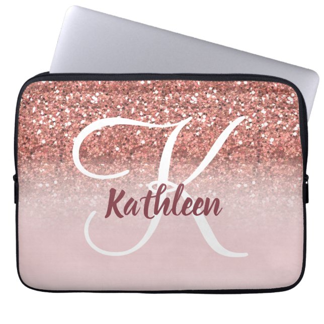 Girly Rose Gold Glitter Burgundy Monogram Name Laptop Sleeve (Front)