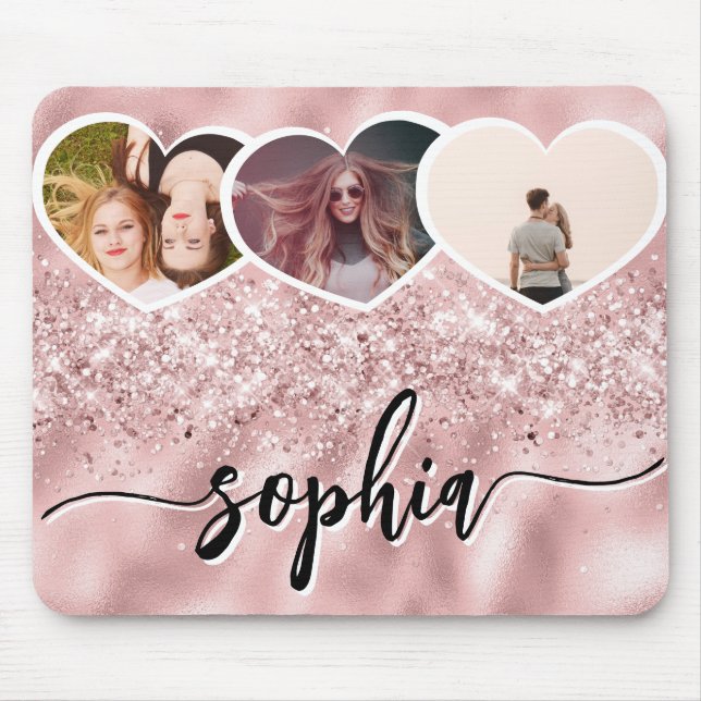 Girly Rose Gold Glitter Custom Name Photo Collage Mouse Pad (Front)