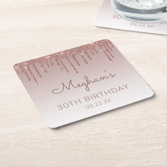 Girly Rose Gold Glitter Drip 30th Birthday Party Square Paper Coaster (Angled)