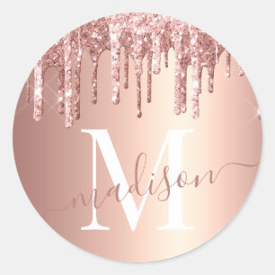 Girly Rose Gold Glitter Drip Foil Monogram Classic Round Sticker