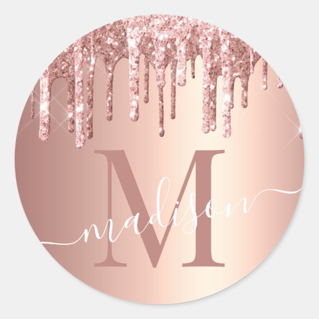 Girly Rose Gold Glitter Drip Foil Monogram Classic Round Sticker (Front)