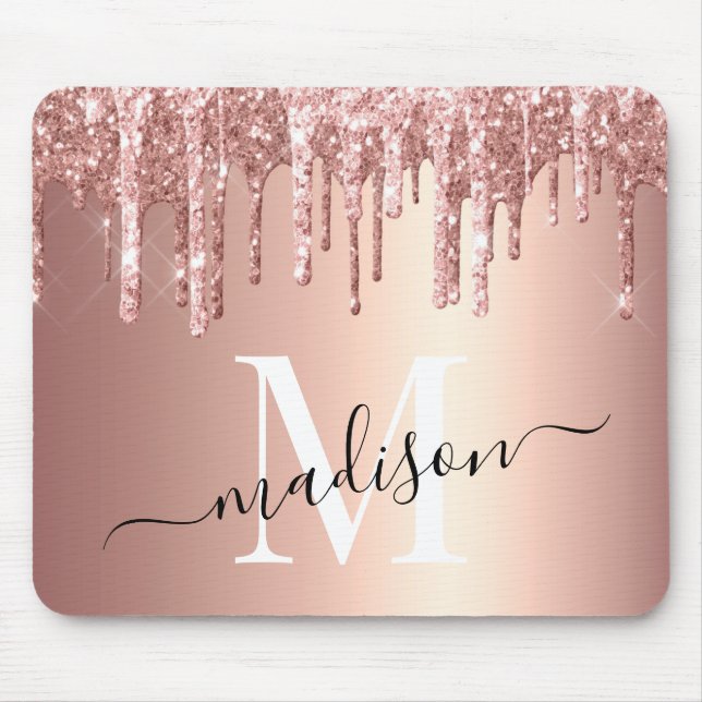 Girly Rose Gold Glitter Drip Foil Monogram Mouse Pad (Front)