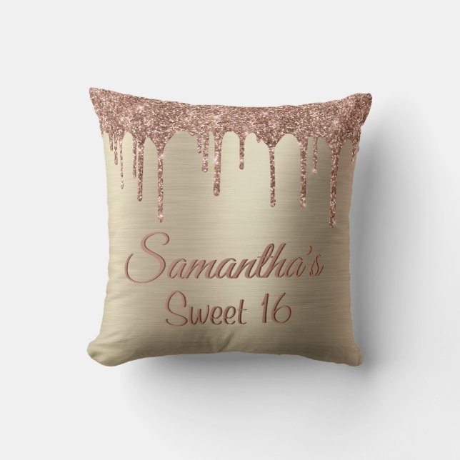 Girly Rose Gold Glitter Drip Sweet 16 Birthday Cushion (Front)