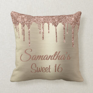 Girly Rose Gold Glitter Drip Sweet 16 Birthday Cushion