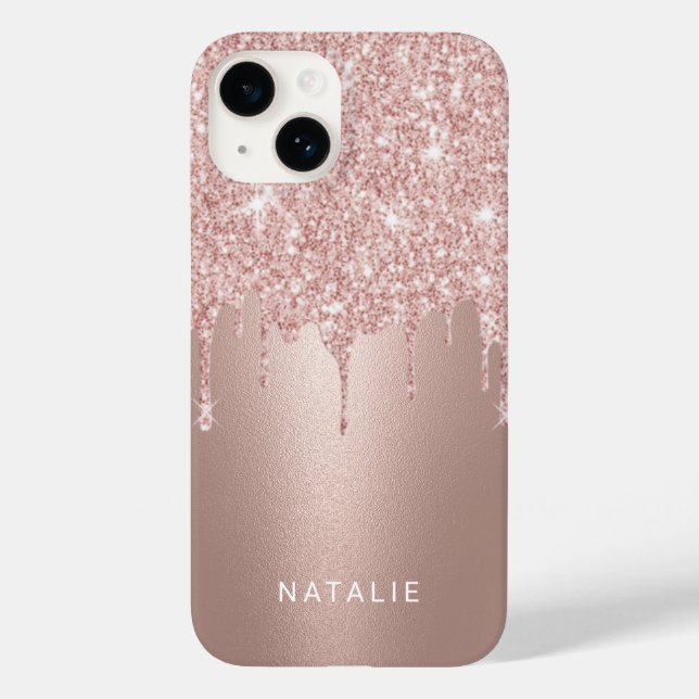 Girly Rose Gold Glitter Drips Custom Name Case-Mate iPhone Case (Back)