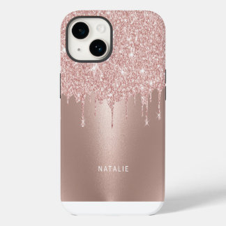 Girly Rose Gold Glitter Drips Custom Name iPhone 14 Case