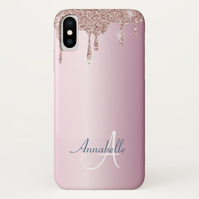 Girly Rose Gold Glitter Drips Metalic Pink name Case-Mate iPhone Case (Back)