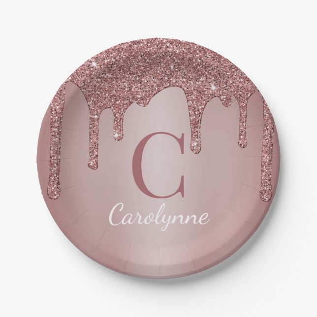 Girly Rose Gold Glitter Drips Monogram Birthday Paper Plate (Front)