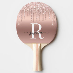 Girly Rose Gold Glitter Drips Monogram Metal Ping Pong Paddle