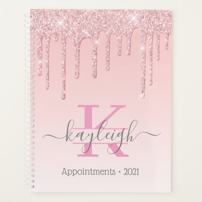 Girly Rose Gold Glitter Drips Ombre Monogram 2021 Planner (Front)