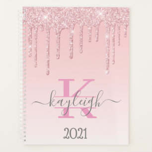 Girly Rose Gold Glitter Drips Ombre Monogram 2021 Planner
