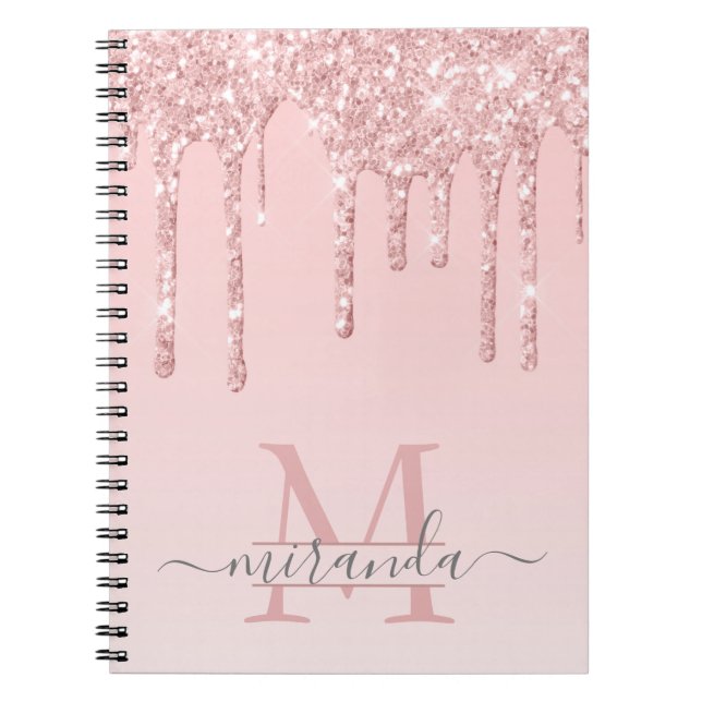 Girly Rose Gold Glitter Drips Ombre Monogram Notebook (Front)