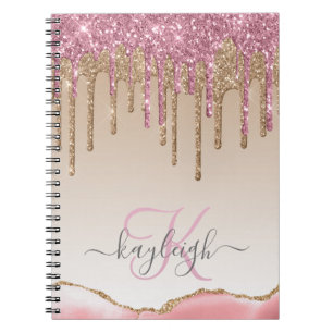 Girly Rose Gold Glitter Drips Ombre Monogram Notebook