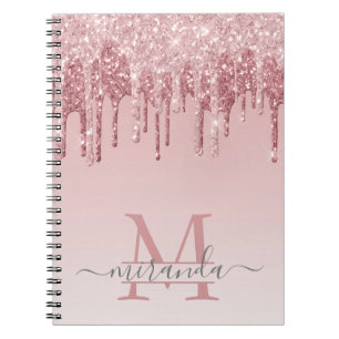 Girly Rose Gold Glitter Drips Ombre Monogram Notebook