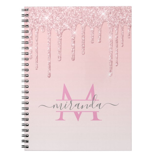 Girly Rose Gold Glitter Drips Ombre Monogram Notebook (Front)