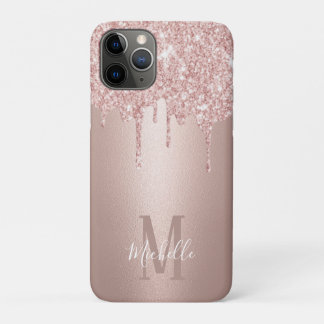 Girly Rose Gold Glitter Drips Script Name Monogram iPhone 11 Pro Case