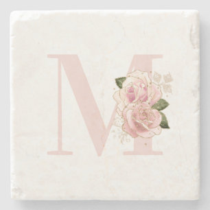 Girly Rose Gold Glitter Floral Blush Monogram Stone Coaster