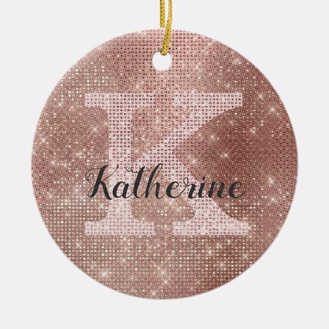 Girly Rose Gold Glitter Glam Sparkle Monogram Name Ceramic Ornament (Front)