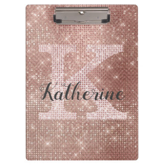 Girly Rose Gold Glitter Glam Sparkle Monogram Name Clipboard