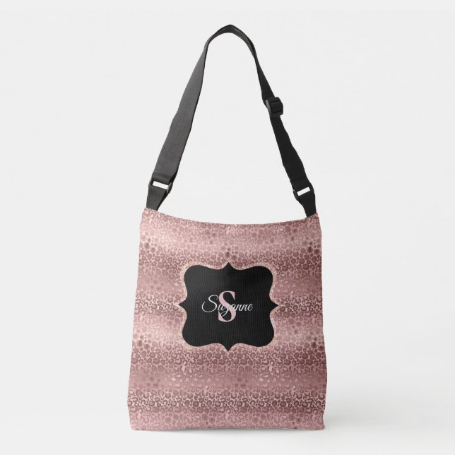 Girly Rose Gold Glitter Leopard Monogram   Crossbody Bag (Front)
