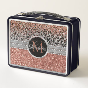 Girly Rose Gold Glitter Leopard Monogram Metal Lunch Box