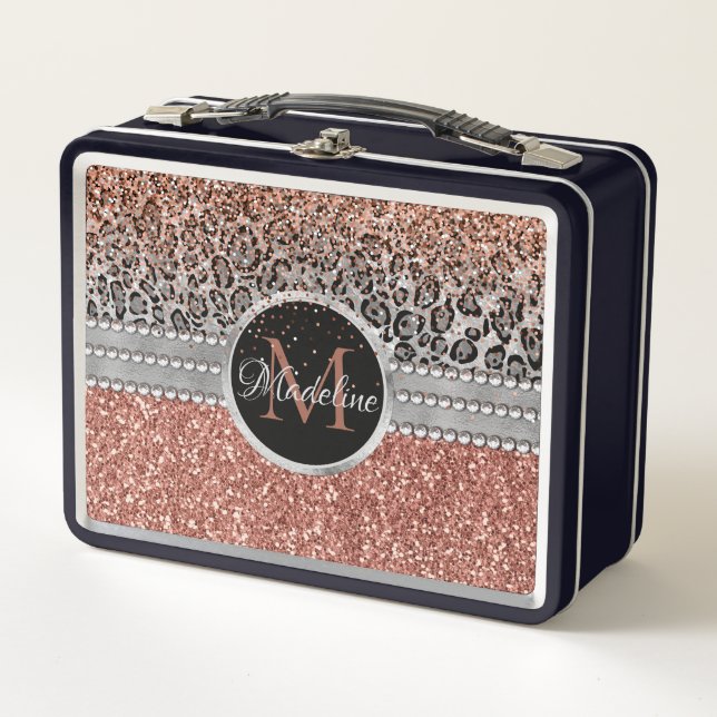 Girly Rose Gold Glitter Leopard Monogram Metal Lunch Box (Front)