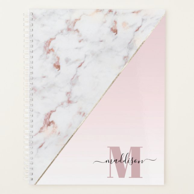 Girly Rose Gold Glitter Marble Monogram Planner (Front)