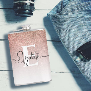 Girly Rose Gold Glitter Monogram Black Script Name Hip Flask