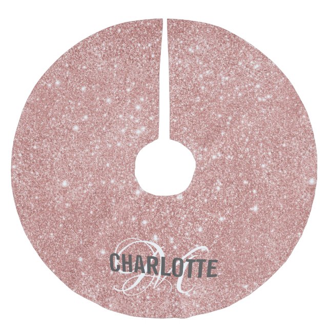 Girly Rose Gold glitter monogram name Brushed Polyester Tree Skirt (Front)