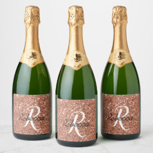 Girly Rose Gold Glitter Monogrammed Sparkling Wine Label