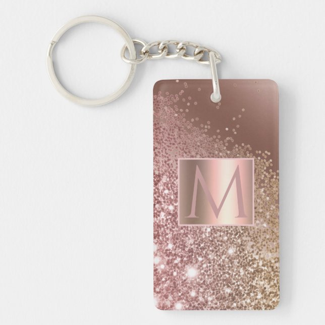 Girly Rose Gold Glitter Name Monogram Key Ring (Front)