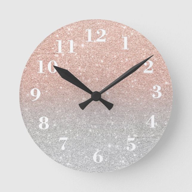Girly rose gold glitter ombre silver glitter round clock (Front)