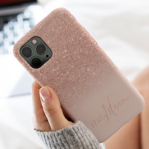 Girly rose gold glitter ombre sparkles monogrammed iPhone 13 pro max case