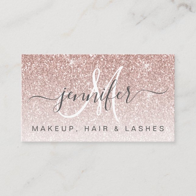 Girly Rose Gold Glitter Open COVID Makeup Hair Business Card (Front)