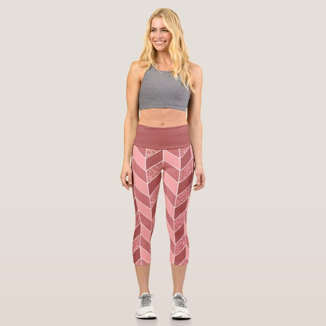 Girly Rose Gold Glitter Pink Herringbone Chevron Capri Leggings (Front)