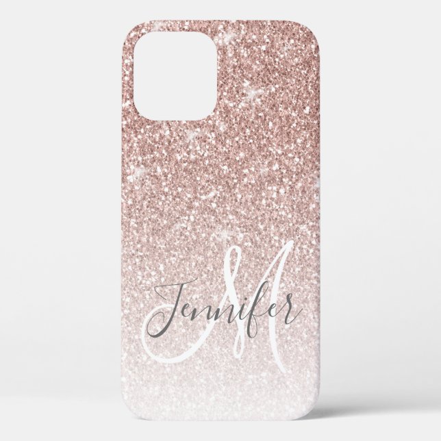 Girly Rose Gold Glitter Pink Monogram Name Case-Mate iPhone Case (Back)