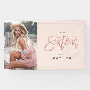 Girly rose gold glitter pink photo 16th birthday banner