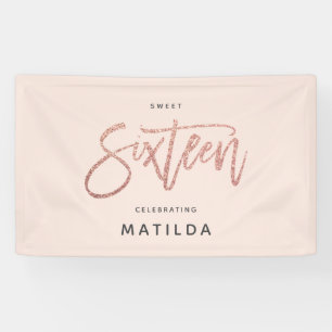 Girly rose gold glitter pink typograph 16 birthday banner