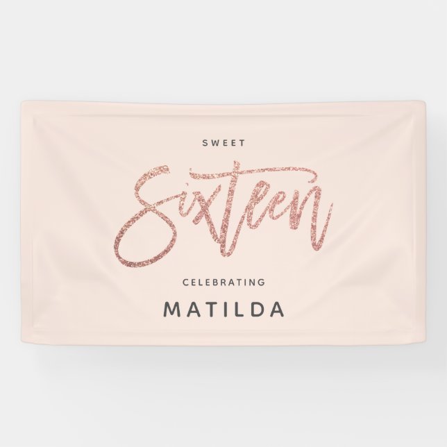 Girly rose gold glitter pink typograph 16 birthday banner (Horizontal)