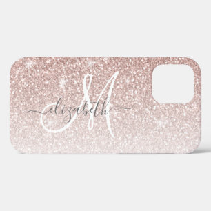 Girly Rose Gold Glitter Script Monogram iPhone 12 Pro Case