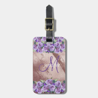 Girly Rose Gold Glitter Script Monogram  Luggage Tag