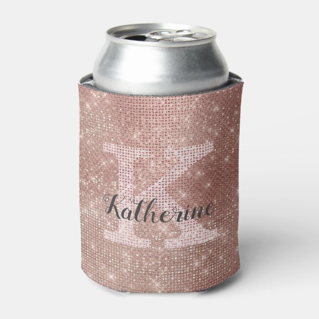 Girly Rose Gold Glitter Sparkle Glam Monogram Name Can Cooler (Can Front)