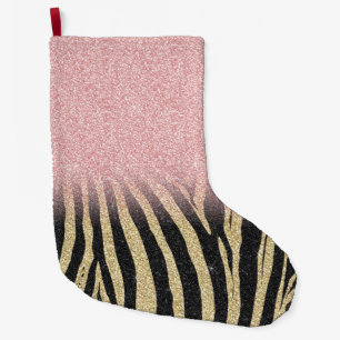 Girly Rose Gold Glitter Sparkles Black Zebra Print Large Christmas Stocking